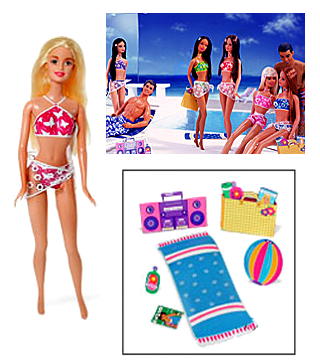 Барби на пляже Палм Бич (Mattel). Лето в Палм Бич - это всегда туристы, жаркое солнце, море и золотые пляжи. А еще это время для веселья. Кукла Барби, и ее друзья готовы проводить на пляже под жарким солнцем все свободное время. И более того, им есть, чем удивить публику: всегда стильные и модные, Барби и ее друзья одеты по последней пляжной моде и готовы плескаться в волнах прибоя, играть с надувным мячиком, слушать любимую музыку или просто загорать, лежа на песке. А самое удивительное то, что купальные костюмы Барби и ее друзей из коллекции Палм Бич всегда остается на них! И теперь им можно не опасаться конфузных ситуаций…Совершенно верно, костюмы нарисованы прямо на кукле. Высота куклы примерно 11,5 дюймов.